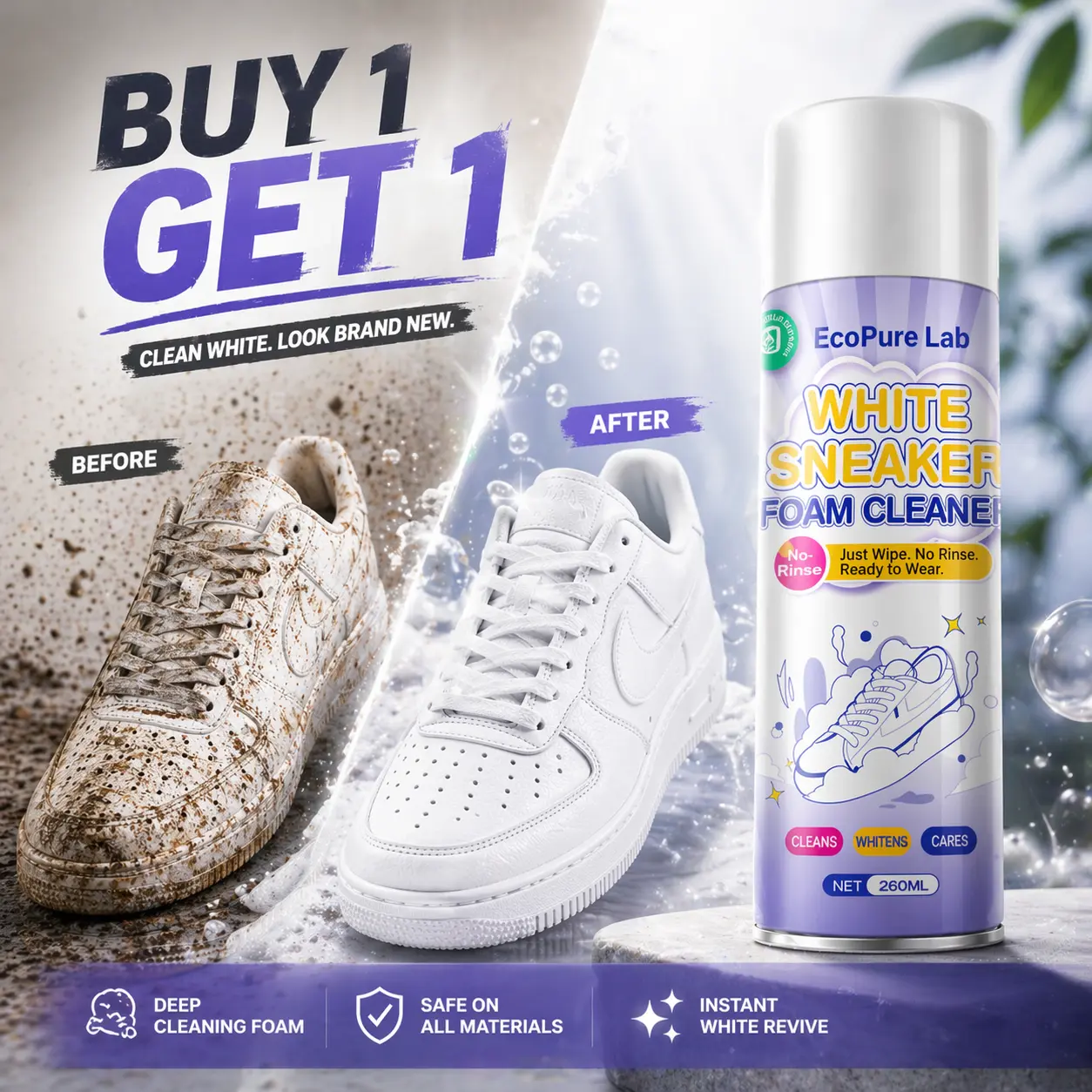 [Buy 1 Get 1 Free] EcoPure Lab White Shoe Cleaner Foam - Waterless Shoe Care Kit with Brush & Towel - Quick-Drying Stain Remover for Sneakers, Leather