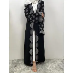 Arabic Clothing - Women’s rhinestone-decorated belted abaya without inner dress, modest open-front long-sleeve outerwear for daily wear, women’s Islamic clothing for all seasons