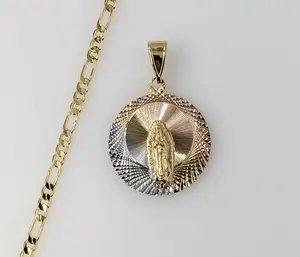Plated Tri-Color Virgin Mary 3mm Figaro Chain Necklace