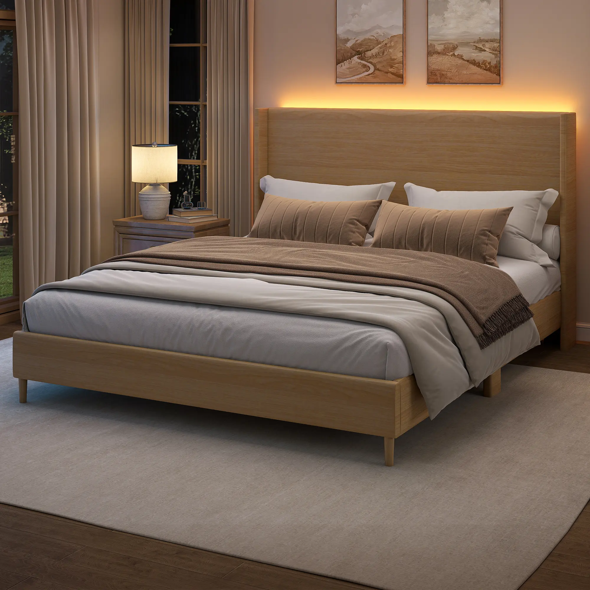 Queen LED Platform Bed Frame with Wood-Grain Faux Leather Upholstery, Wingback Headboard, App Controlled RGB Lights, Solid Wood & Metal Support, No Box Spring Needed tiktokshopbacktoschool