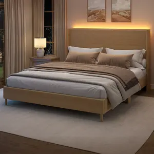 Queen LED Platform Bed Frame with Wood-Grain Faux Leather Upholstery, Wingback Headboard, App Controlled RGB Lights, Solid Wood & Metal Support, No Box Spring Needed