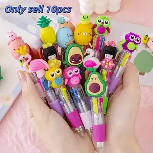 Cute Cartoon Design Retractable Ballpoint Pen Set (10pcs), Kawaii Writing Pen, Stationery Supplies for School & Office