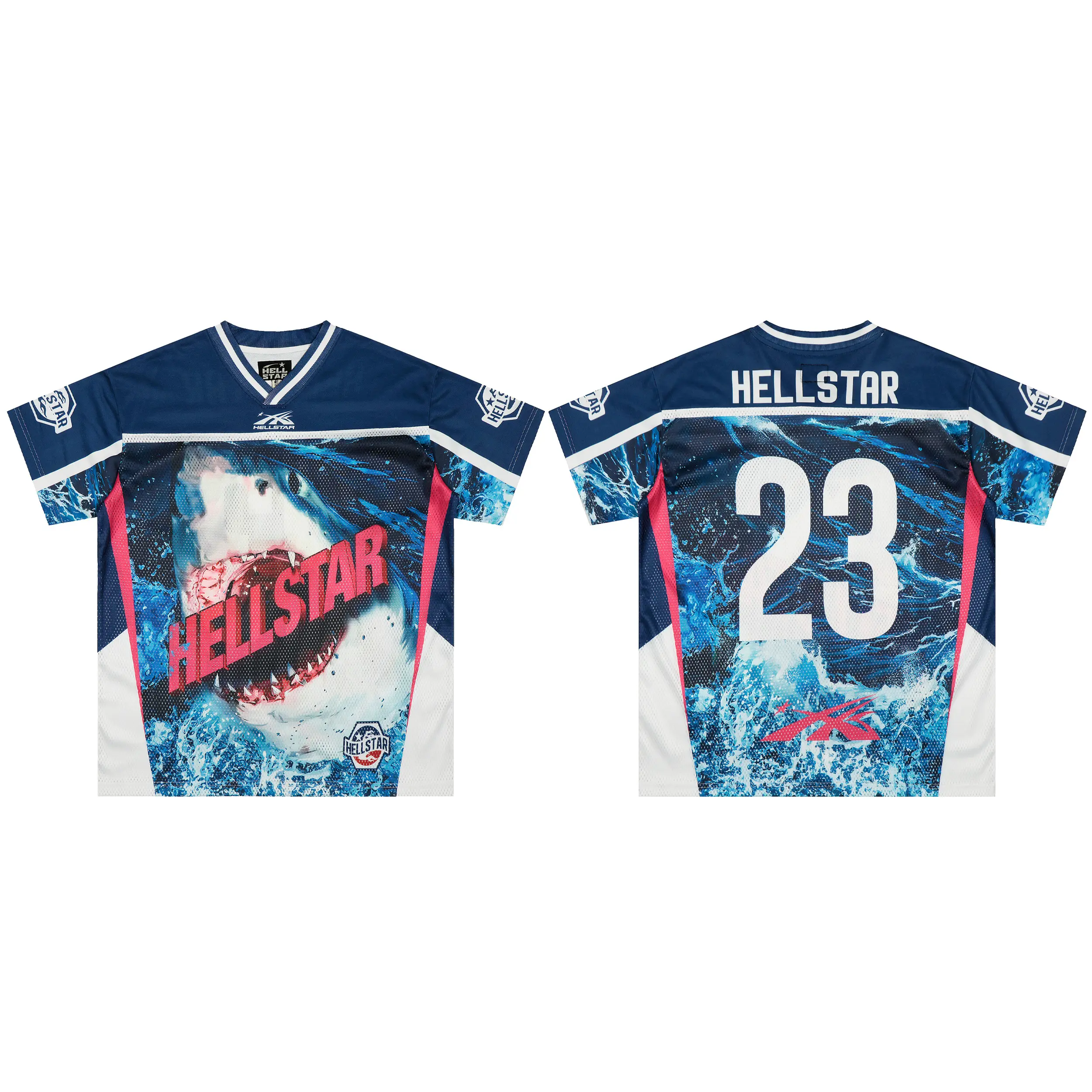 HELLSTAR 23 Shark Print V-Neck Mesh Jersey | Blue Vintage Y2K Streetwear | Retro Athletic Casual Top