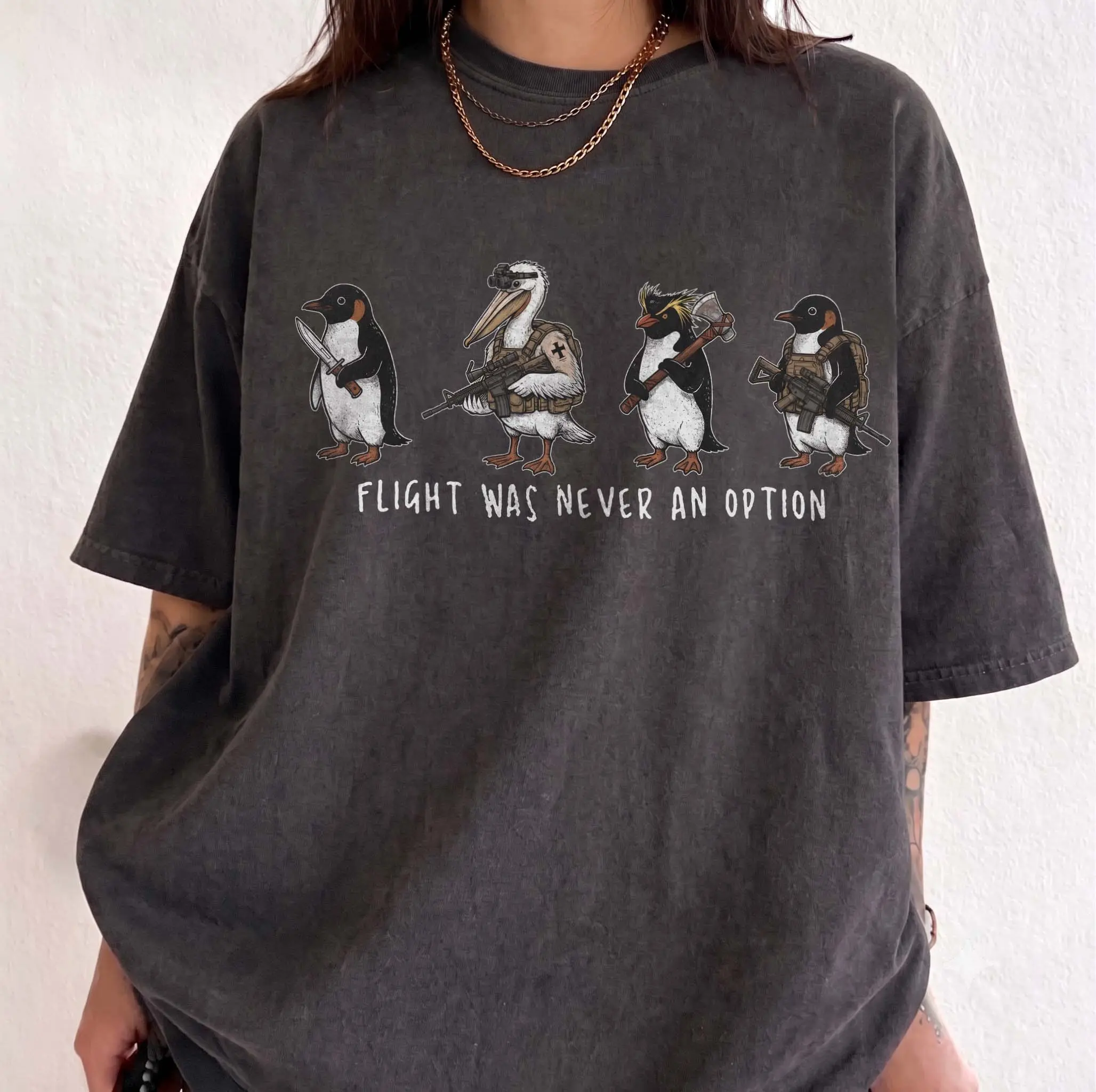 Flight Was Never An Option Shirt, Funny Penguin Knife Tee, Sarcastic Dark Humor Gift, Retro Penguin Punk Graphic Chaotic T-shirt
