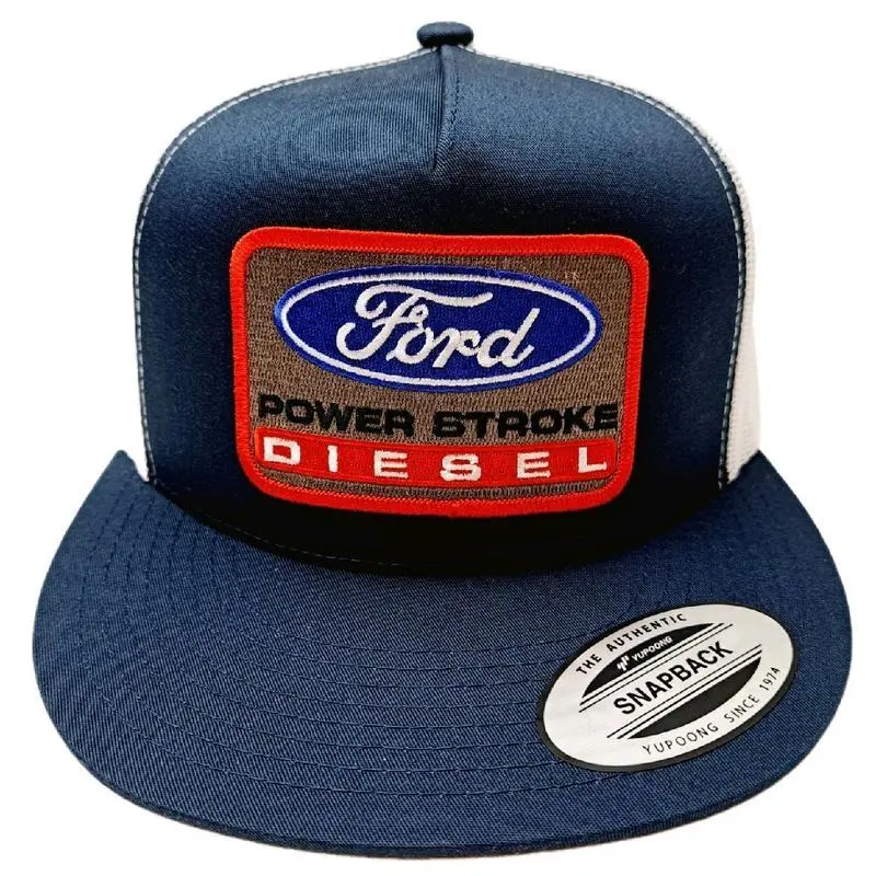 Ford Power Stroke Diesel Trucker Hat – Navy & White Snapback Mesh Cap with Embroidered Patch | Adjustable Vintage Trucker Hat for Men & Women | Classic Ford Truck Style Hat Gift