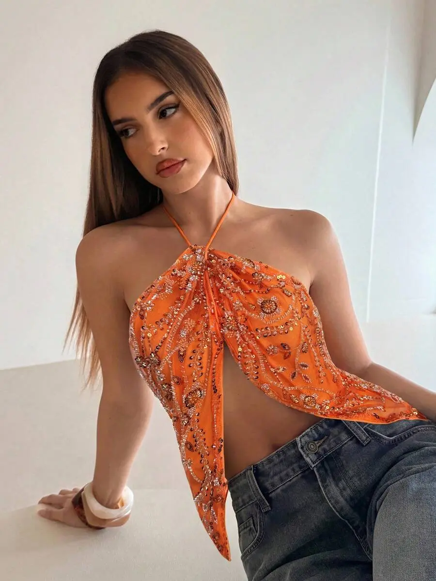 BOHECO Women's Spring/Summer Vacation Beaded Embroidered 3D Floral Slit Tassel Hem Halter Backless Camisole,Summer Top