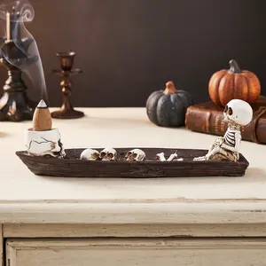 Halloween Skull Boat Incense Holder, Resin Material, Dual Use for Stick and Cone Incense, Desktop Decoration, Indoor Fragrance Burner