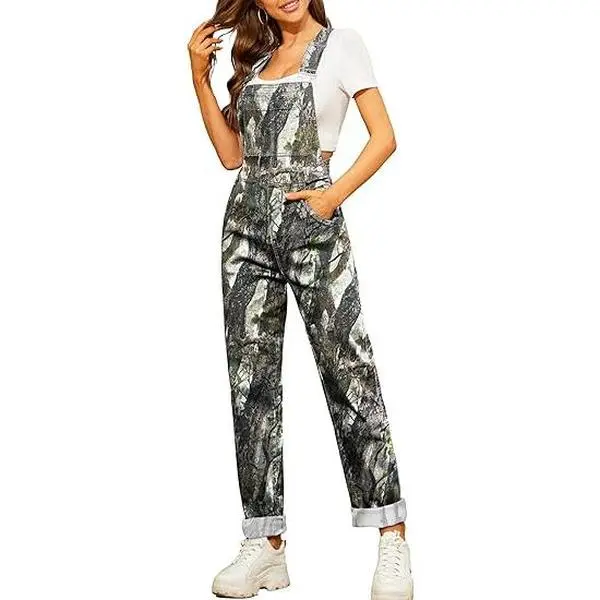 ODEFOU Women's Camouflage Bib Overalls, High-Waisted Stretch Denim Fashion Jumpsuit with Adjustable Straps for Outdoors and Mechanic Work, Costume, Outfits, Fabric, Strappy, Thick, Teacher, Style, Camo3, Comfortable