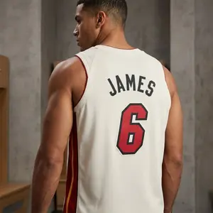 Men's White Basketball Jersey - James #6 | Classic Red & Black Athletic Mesh Tank Top