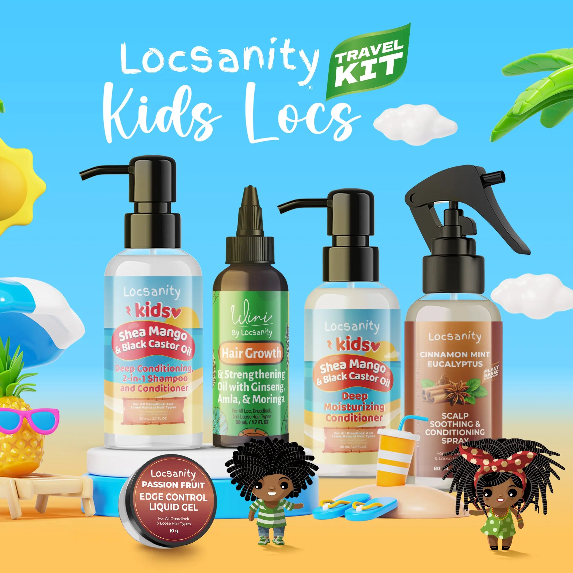 Locsanity Youth Dreadlock Sample Travel Kit - 2-in-1 Shampoo & Conditioner, Hair Oil, Scalp Spray, Edge Control Gel, Hydrating Cleanser for Lightweight Daily Haircare & Soothing Nourishment, Moisture, Compact Set, Children, Pack, Convenient Sizes, 100G, N