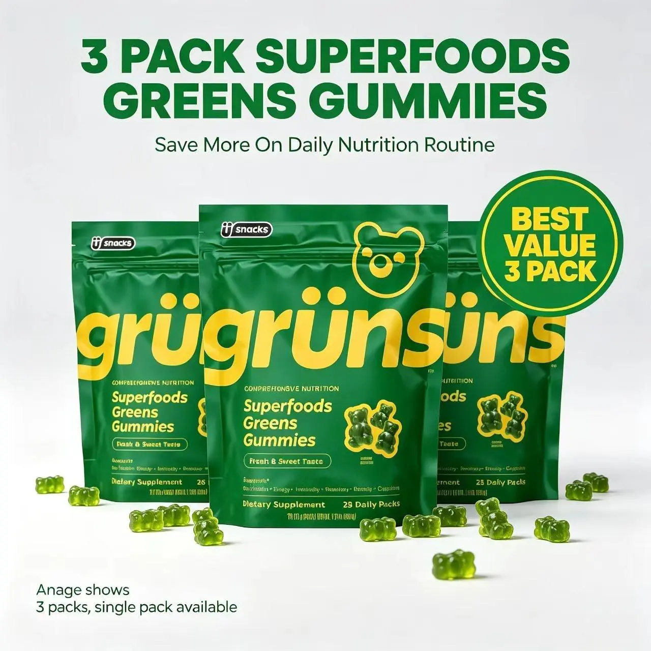 Grüns Superfood Greens Gummies: Comprehensive nutrition supplement with 60+ ingredients: Vitamins and Minerals, Prebiotics for Digestive Health, Adaptogens, Chlorophyll, Chlorella, Fruits and Vegetables, Gluten Free, Vegan, Third Party Tested