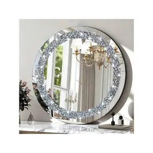 Crushed Diamond Round Glass Wall Mirror, Crystal Crush Diamond Mirror, Wall Decoration Hanging Mirror, Glam Bling For Bathroom, Entryway And Bedroom Wall Decoration