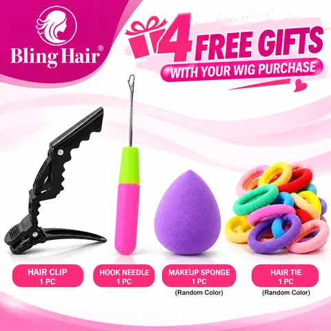 [Not for Sale] Bling Hair 4-Piece Wig Accessories Gift Set, Hair Clip, Crochet Hook Needle, Makeup Sponge & Hair Tie, Random Colors