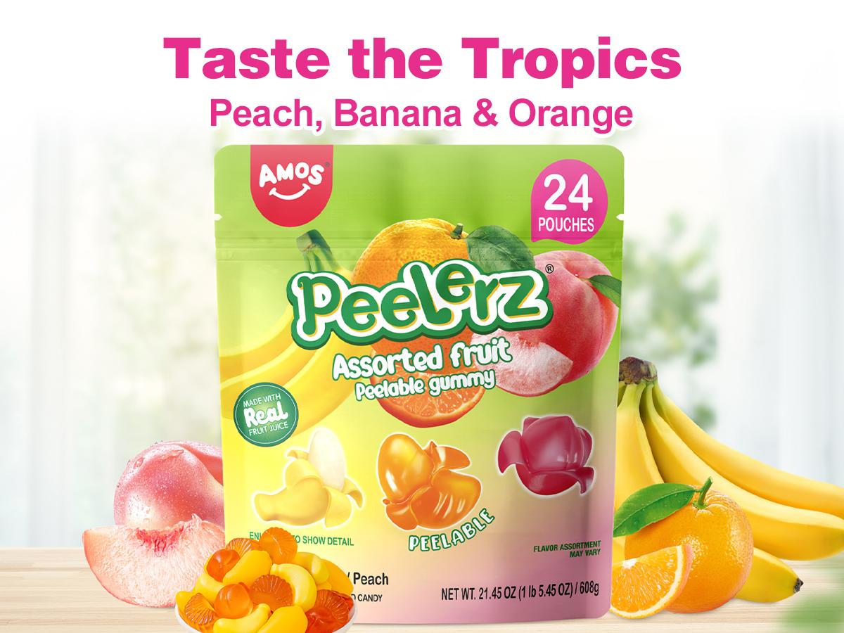 Amos Peelerz Assorted Peelable Gummy Variety Pack – Banana, Orange & Peach | 24 Individually Wrapped Packs (608g) | Fun, Chewy, Shareable Treat Amos Peelerz Assorted Peelable Gummy Variety Pack – Banana, Orange & Peach | 24 Individually Wrapped Packs (608g) | Fun, Chewy, Shareable Treat