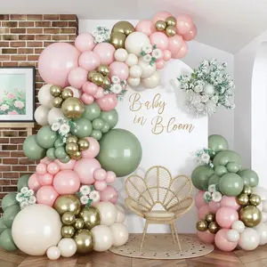 134-Piece Baby Shower Balloon Garland Kit in Dusty Sage, Pastel Pink, Cream, White, and Gold