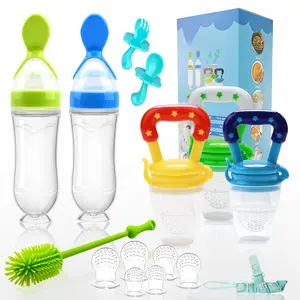 Food Feeder Baby Fruit Feeder Pacifier (3 Pcs) with 6 Different Sized Silicone Pacifiers 2 PCS Silicone Babies Food Dispensing Spoon 90ML with 2 Baby Spoons Bottle Brush Pacifier Clip