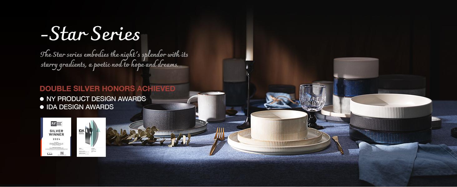 Famiware Star Dinnerware Set for 6, Stoneware Plates and Bowls Sets, 18 Piece Dishes/Tableware/Dinner Set Kitchenware Ceramics