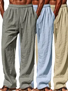 3pcs Summer Lightweight Linen Casual Pants for Men, Loose Casual Fit Straight Leg Wide Leg Pants, Solid Color Breathable Tie Waist Long Pants