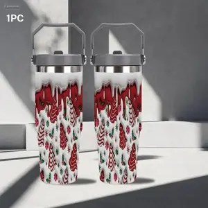 30oz Red & White Christmas Drip Insulated Tumbler with Handle, Stainless Steel Double-Wall Vacuum Travel Mug, Festive Gingerbread & Candy Print, Perfect Christmas, New Year, Thanksgiving & Holiday Gift for Family, Women, Vacuum Insulated Cup