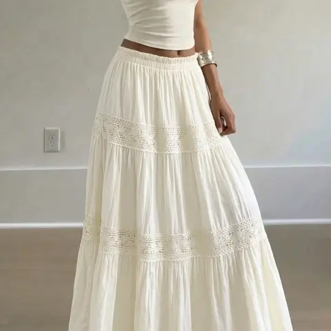 White Lace Tiered Maxi Skirt - 2026 Trending Bohemian Vacation Vibe Skirt, Soft Fabric Perfect for Beach & Date Boho Womenswear