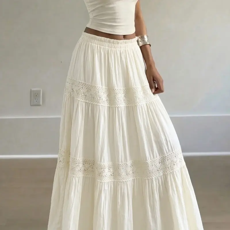 White Lace Tiered Maxi Skirt - 2026 Trending Bohemian Vacation Vibe Skirt, Soft Fabric Perfect for Beach & Date Boho Womenswear