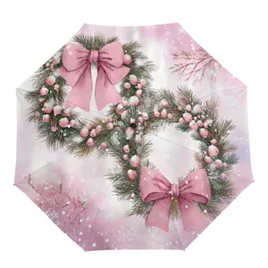 Auto Open-Close Umbrella with Christmas Wreath Design, 8 Ribs Strong Structure, Portable Travel Umbrella for Women, Party & Daily Use