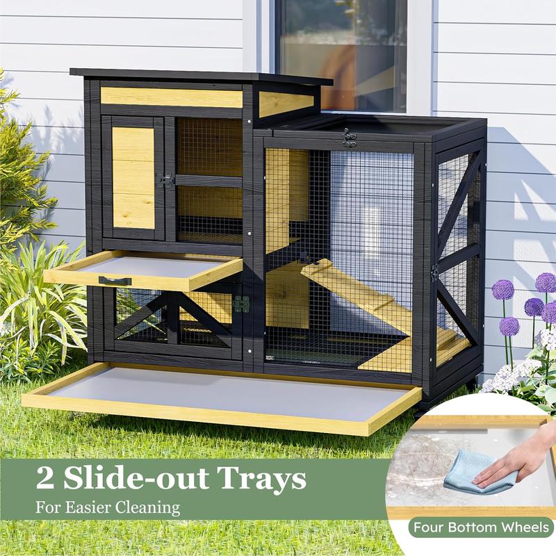 TIMHAKA 46.7" Elevated Rabbit Cage with Run Indoor & Outdoor Use Wooden Design 2 Removable Tray Waterproof Roof 4 Metal Wheels for Small Medium Animals