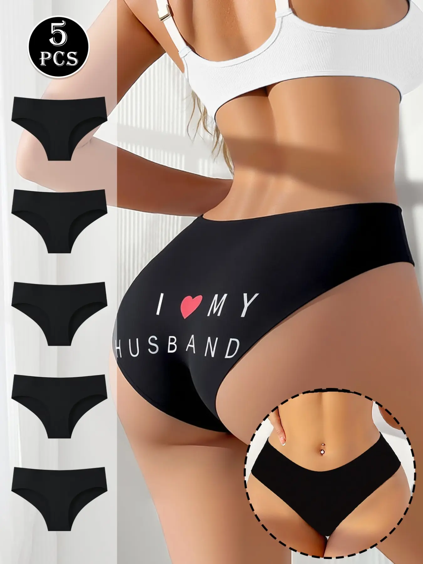 HOTCOM 5-Pack Valentine's Day Exclusive Black Briefs | "I ❤️ MY HUSBAND" Print | Seamless Invisible Under Tights | Soft Breathable Fabric | Date Night Must-Have |