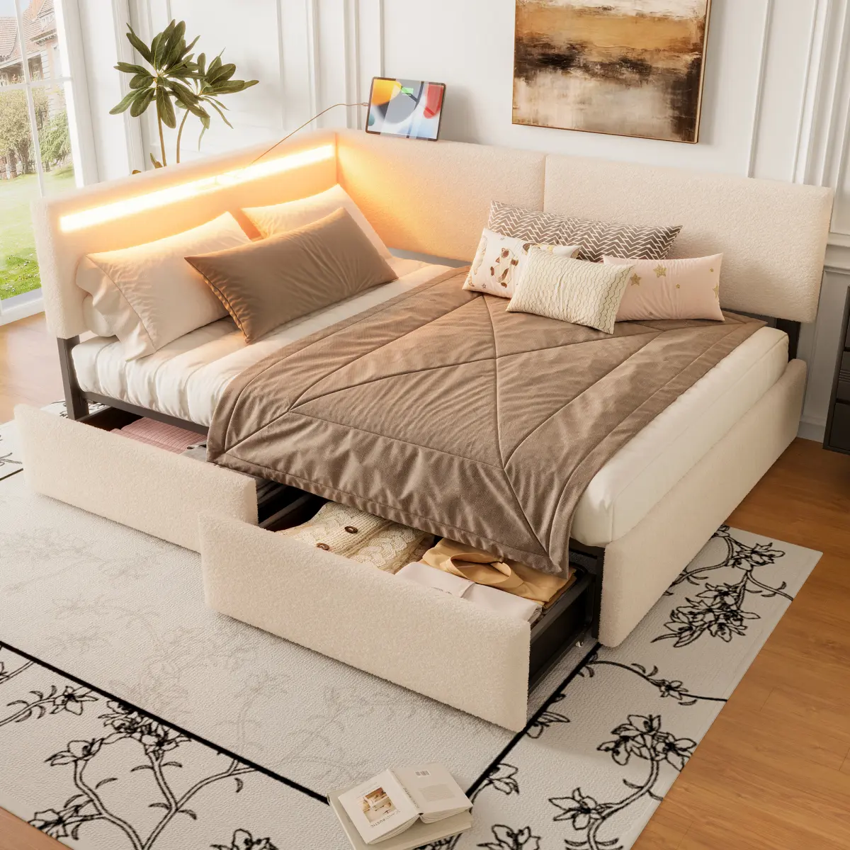 Twin Size Fleece Upholstered L-Shaped Corner Storage Bed Frame with Headboard, USB Charging Design, LED Lights, Solid Wood Legs, Wooden Slats, No Box Spring Needed for Kids Bedrooms