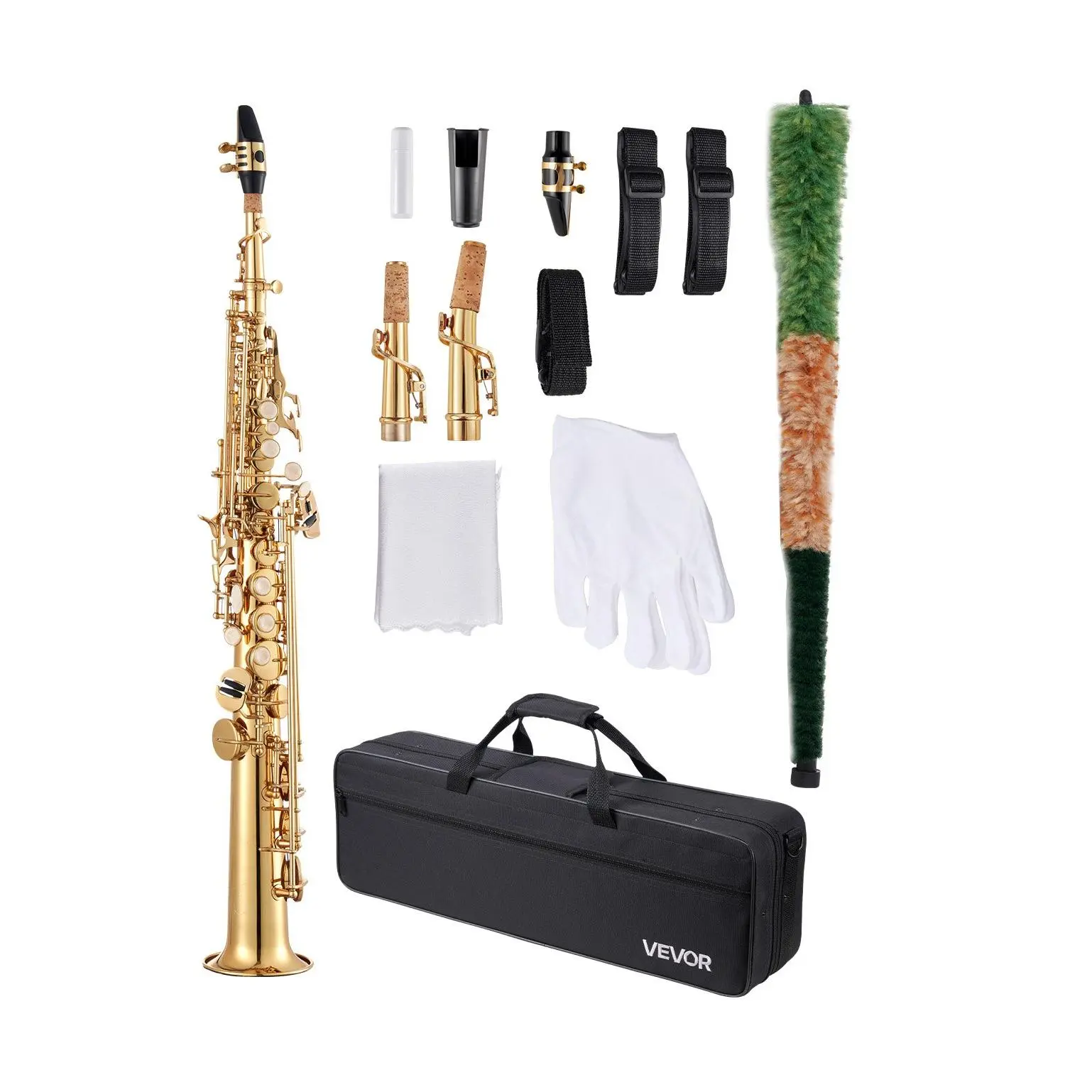 【Summerfinds】VEVOR 23-Key B-Flat Straight Brass Soprano Saxophone Kit (27.95 x 3.74 x 3.74 in), Gold Finish Student Tool Set with Carrying Case, Mouthpiece, Cleaning Cloth Rod, Gloves, Neck Strap, Supports Rhythmic Playing & Versatile Sound