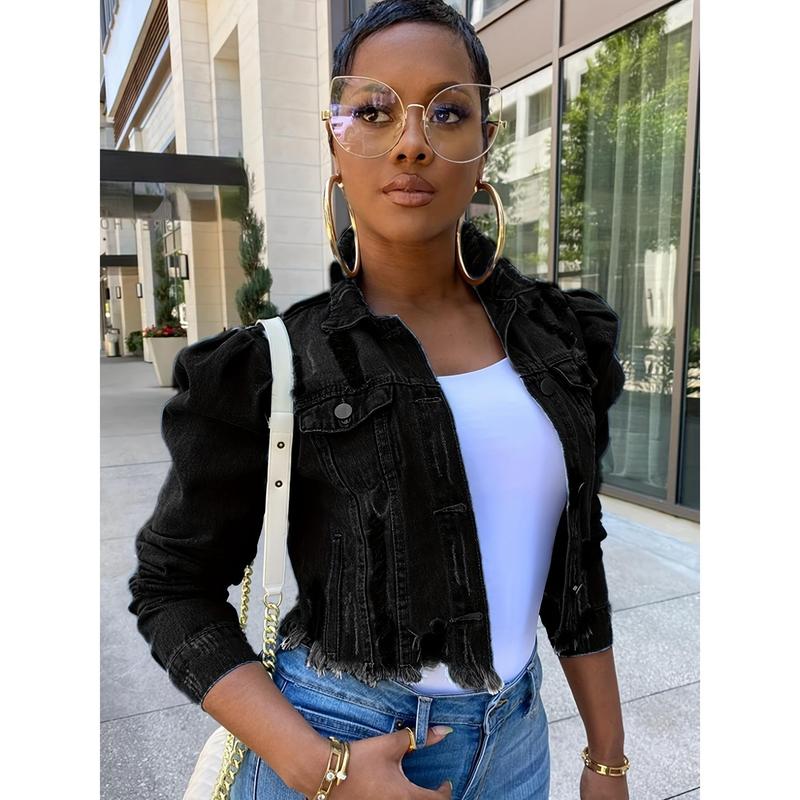 Women's Distressed Denim Jacket - Casual Black Cropped Jean Coat with Raw Hem & Puff Sleeves, Button- Style for Spring/Fall