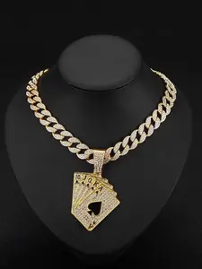 Hiphop Poker Card Full Diamond Pendant Necklace, High-Quality Cuban Link Chain, Street Style Artisan Jewelry, Lucky Accessory