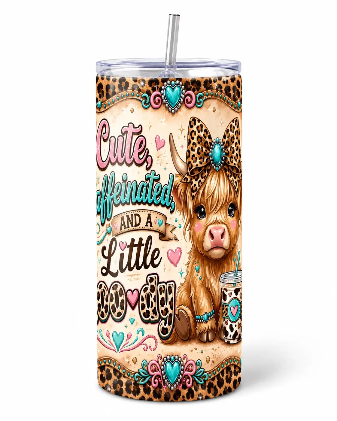 20 oz Skinny Portable Insulated Vacuum Cup - Western Insulated Tumbler, Casual Animal-Print Drinkware with Leopard, Turquoise Cow Designs for Kitchen Use