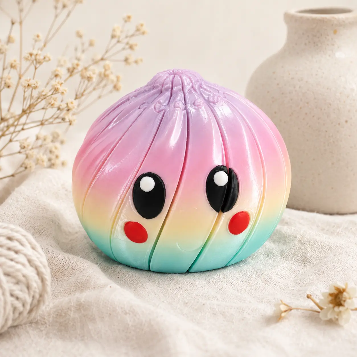 3D-Printed Kawaii Fidget Dumpling with Glossy Eyes, Cheerful Expression, Rosy Cheeks, Pastel Rainbow Gradient, Articulated Sensory Stress Relief Toy for Desk Fidgeting, 6-8 Years Old Care Package Stocking Stuffer