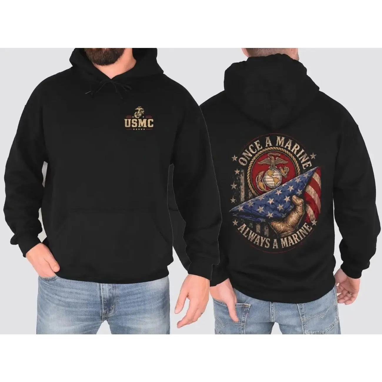 Once a Marine Always a Marine Hoodie, USMC Veteran Patriotic Graphic Hoodie, American Flag Military Pride Sweatshirt, Veteran Appreciation Gift