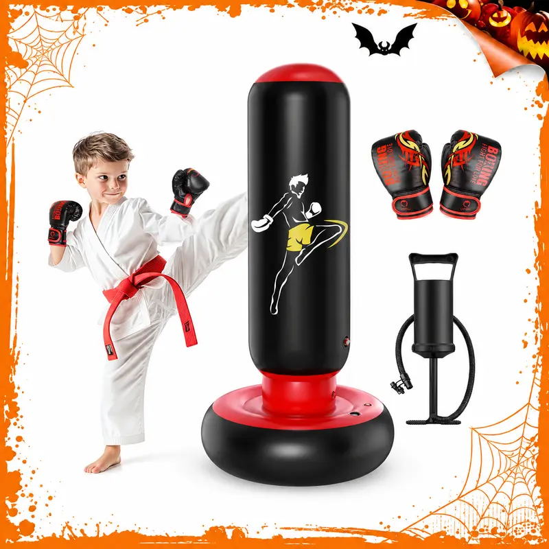 QPAU 66-Inch Inflatable Kids Punching Bag Toy with Boxing Gloves, Boxing Training Gear for 6-12 Year Old Boys, Christmas Little Boy Gifts, Sports Toys for Martial Arts Exercise