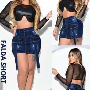 Women's Colombian Short/Skirt - Falda Short, Denim Material, High-Waisted, Casual Style, Womenswear Bottom