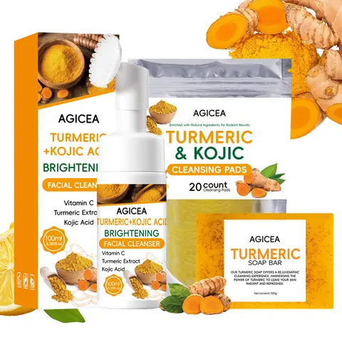 AGICEA 3-Piece Turmeric Face+Body Set - Turmeric Bar Soap, Tablets, Facial Cleanser, Nourishing, Hydrating, Exfoliate, Deep Moisture, Soft Skin Self Care Products for Bath & Body Care