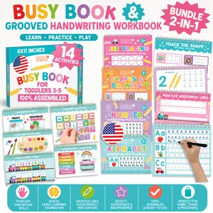 Hadley Designs Kids Handwriting & Busy Book Bundle for Ages 3-7 - Magic Grooved Tracing Copybooks & Montessori Activity Book