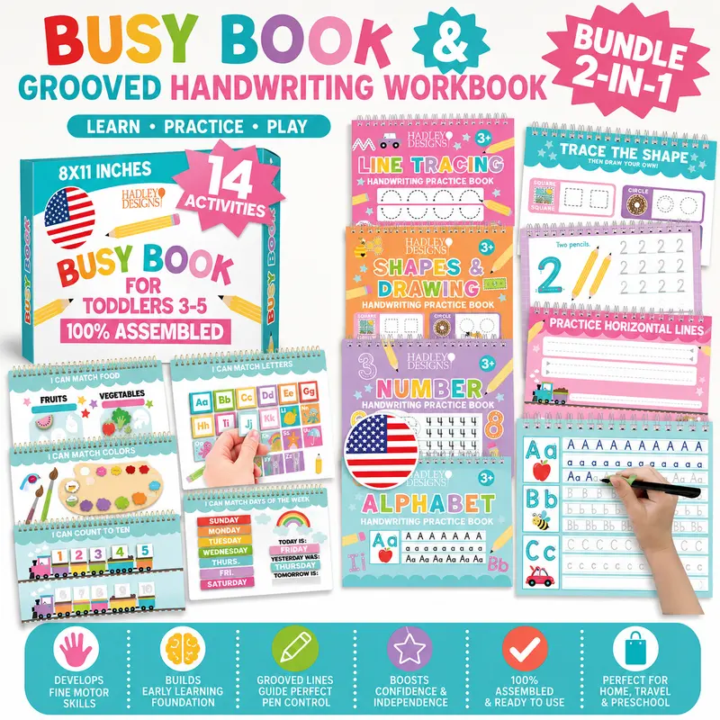 Hadley Designs Kids Handwriting & Busy Book Bundle for Ages 3-7 - Magic Grooved Tracing Copybooks & Montessori Activity Book
