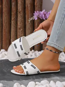 Elegant Hollow Out Striped Flat Sandals, Minimalist Braided Strap Flip Flops, Comfortable Summer Footwear for Women