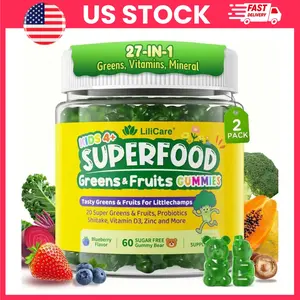 Kids Blueberry Gummies, Fruit & Vegetable Blend Gummies with 30 Plant-Based Ingredients, Blueberry Flavor, Sugar Free, Vegan Friendly, Gluten Free, 120 Count (2 Pack) | Chewable Kids Gummies