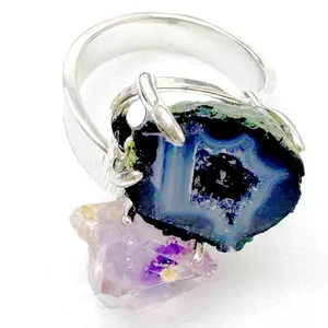 Natural Amethyst Cluster Open Silver Ring – Niche Light Luxury Raw Stone Ring