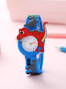 Kids Cute Cartoon Dinosaur Pattern Round Dial Quartz Watch, Silicone Strap Learning Watch, Fashionable Watch for Kids As Gift without Box Wristwatch