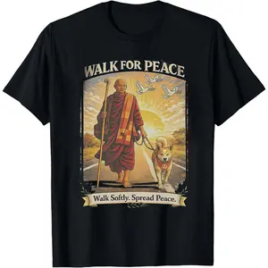 Men's Soft Seamless Cotton Round Neck Shortsleeve Tshirt - All Seasons Casual T-Shirts, Buddhist Monk with Dog Bundle Graphics, Serene Walk Clipart, Mindfulness Spiritual Sublimation Art, Smooth Vintage Tee