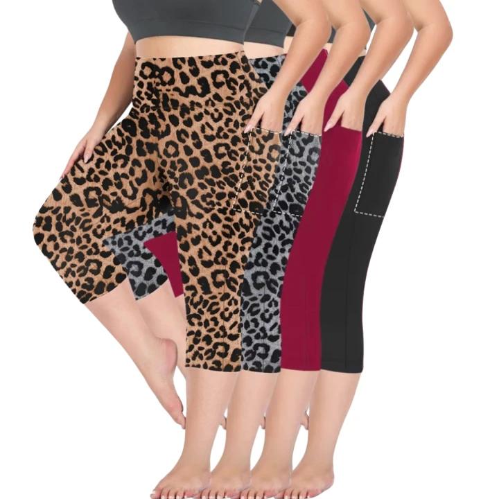 4 Pack Plus Size Capri Leggings for Women High Waisted Yoga Pants with Pockets for Women Tummy Control Workout Leggings Yoga Capris