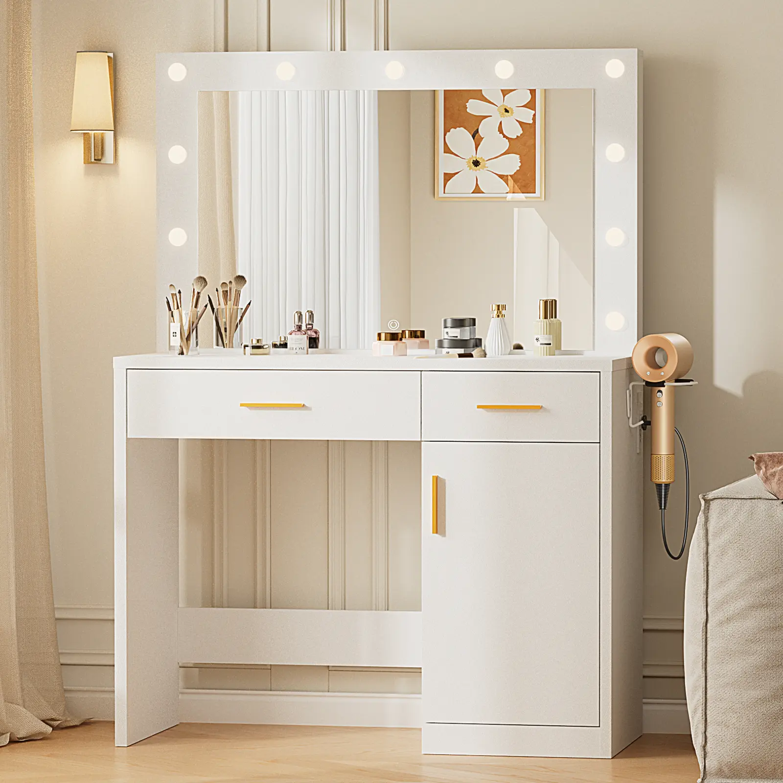 Lighted Vanity Table with Mirror, 11 LED Lights (3 Adjustable Colors), Modern Dresser with LED, 2 Drawers & Large Cabinet, Charging Station (2AC/USB/C), Makeup Vanity Glass, Pure White Indoor Furniture, Modern Vanity Table