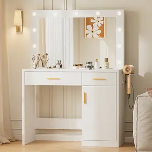 Lighted Vanity Table with Mirror, 11 LED Lights (3 Adjustable Colors), Modern Dresser with LED, 2 Drawers & Large Cabinet, Charging Station (2AC/USB/C), Makeup Vanity Glass, Pure White Indoor Furniture, Modern Vanity Table