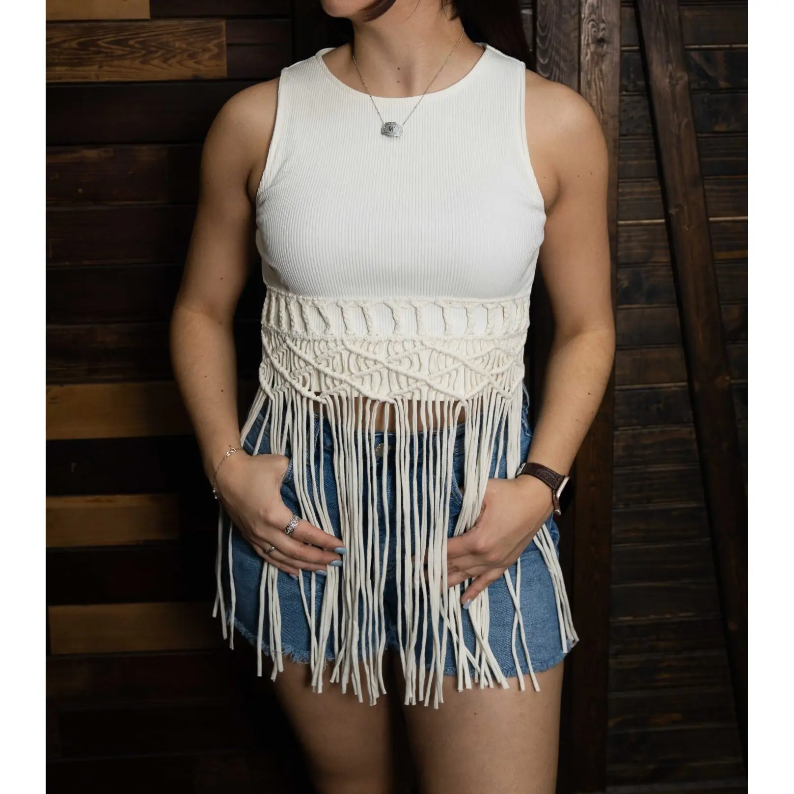 Rock & Roll: Natural Macrame Fringe Sleeveless Top