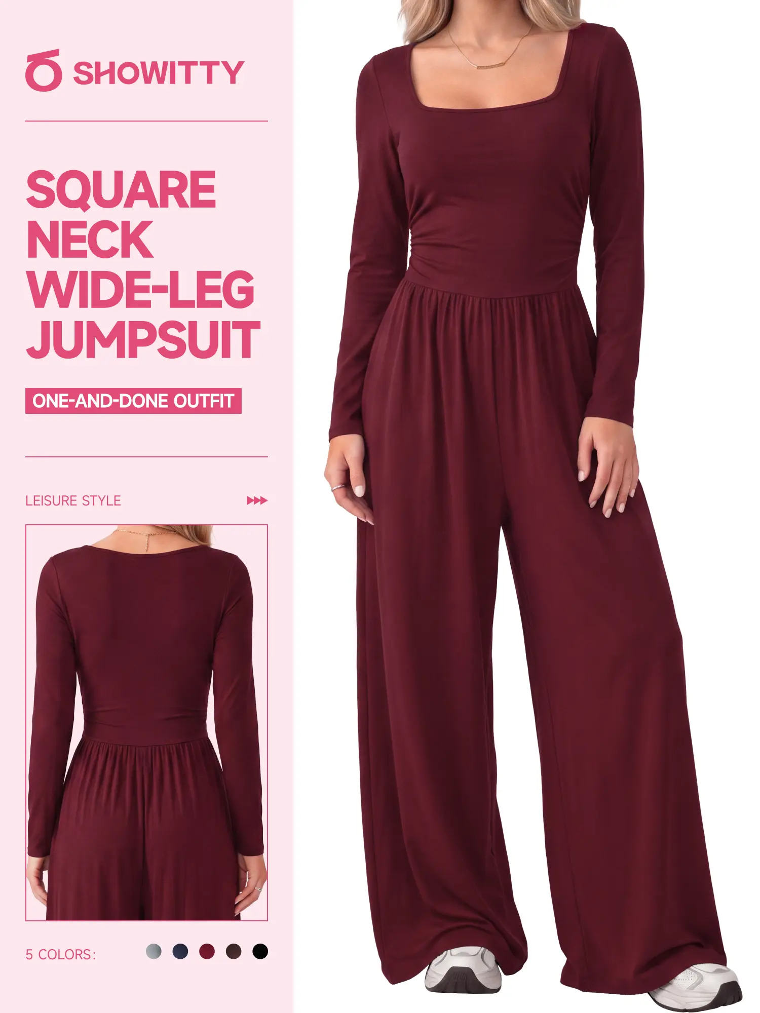 【One & Done】SHOWITTY Womens Square Neck Long Sleeve Jumpsuit Wide Leg One Piece Casual Outfit with Stretch